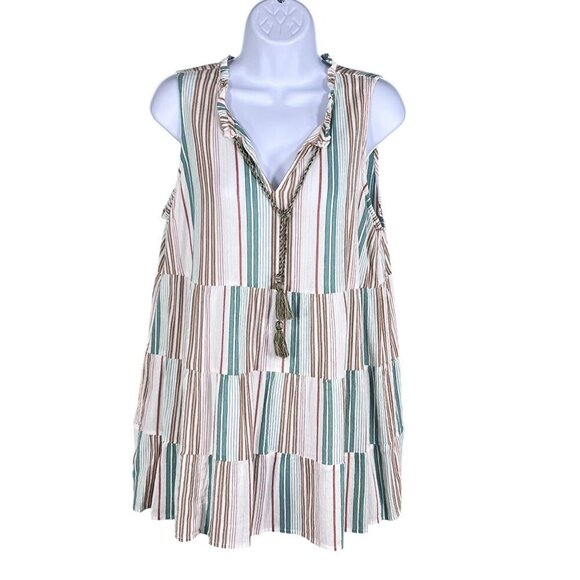 J. Jill Tops - J Jill Womens M Tiered Tunic Top Tassels Sleeveless Striped Ruffled Boho Blouse